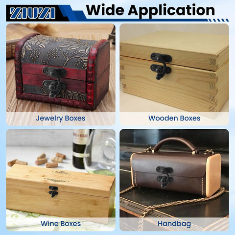 Antique Black Small Hasp Latch Set For Jewelry Box Cabinet And Toolbox, showing varied uses on boxes and handbag