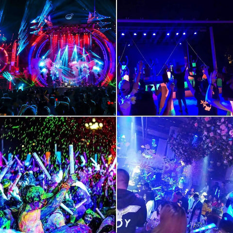 Vibrant party scene with neon lights showing 3 Pack 100W LED Black Light Flood Lights With Plug And Switch IP66 Waterproof Neon Glow.