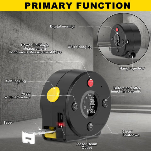 Dual Mode Laser Tape Measure 164 Foot Range With 16 Foot Manual Tape Digital Laser Ruler With Metric Inch And Foot Units LCD Display Self Locking Tape Lanyard Design For Quick And Easy Accurate DIY Projects. black laser tape measure with LCD display, USB charging, self-locking tape, and laser beam outlet