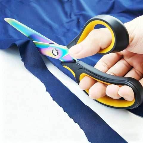9.5 Inch Heavy Duty Titanium Coated Forged Stainless Steel Scissors For Fabric Leather Dressmaking Tailoring Home Office School Ultra Sharp All Purpose Shears That Slice Through 16 Plus Layer Fabrics Like Butter, cutting blue fabric