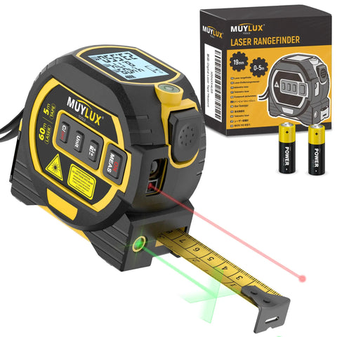 3 In 1 Laser Tape Measure With Digital Readout And LCD Display For Fast One Person Measurements At Home And On Job Sites Up To 197 Feet With Bright Sun Visible Laser And Simple One Handed Use. Black and yellow laser rangefinder with tape measure