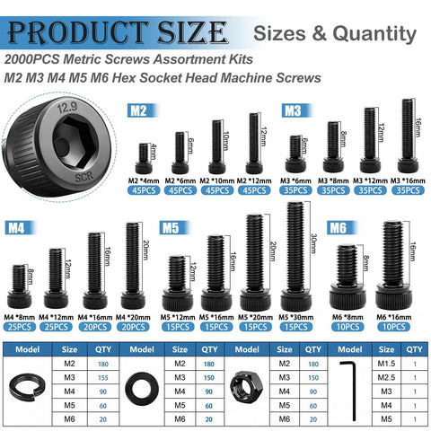 All In One 2000 Piece Metric Screw Kit With M2 Through M6 Machine Screws Hex Socket Head Cap Bolts Nuts And Washers image