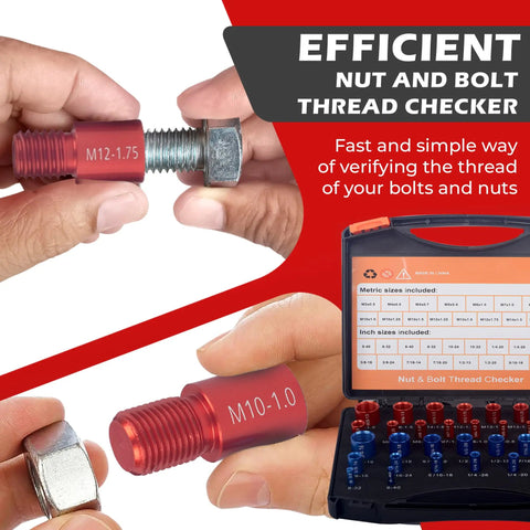 Dead Nuts Accurate Nut And Bolt Thread Checker With 36 Piece Inch And Metric Gauge Set showing M12-1.75 and M10-1.0 fasteners.