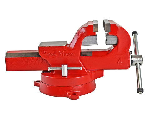 Heavy Duty 4 Inch Bench Vise Built Tough With 130,000 PSI Austempered Ductile Iron, 360 Degree Interlocking Swivel Base, Red