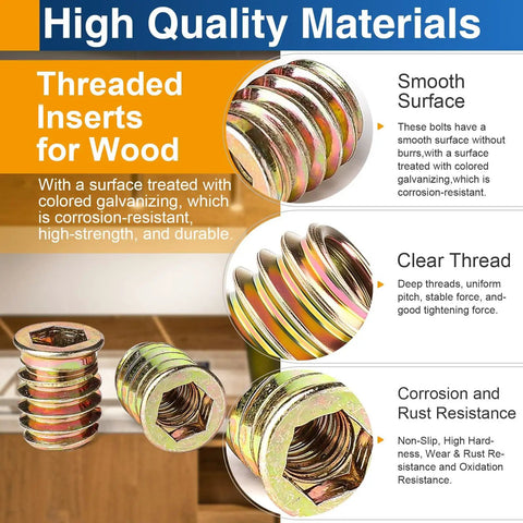Heavy Duty Wood Threaded Inserts With Hex Drive Nuts For Quick DIY Furniture Repair Easy Install Quarter Inch By Twenty Threads Per Inch 20mm Length Zinc Plated Carbon Steel 28 Pack, showing smooth zinc-plated surface and clear threads
