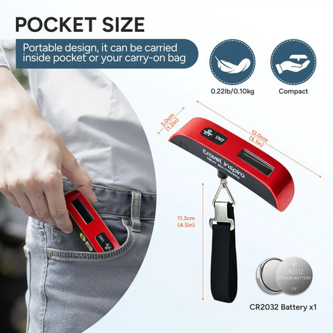 Portable Digital Luggage Scale For Travelers Keep Suitcases Baggage Fee Free And Make Boarding A Breeze Every Time A Solid Ace In The Bag For Airport Weight Checks With One Hundred Ten Pound Max Capacity And Slim Profile, compact size in pocket.
