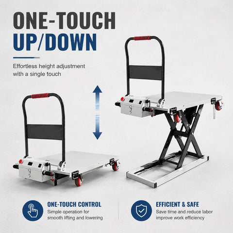 No Sweat Workhorse Electric Lift Table Cart With Automatic Hydraulic Pump And Tough 48 Volt Motor For Moving Up To 660 Pounds Smoothly Across Active Warehouse Floors Daily with one-touch height adjustment.