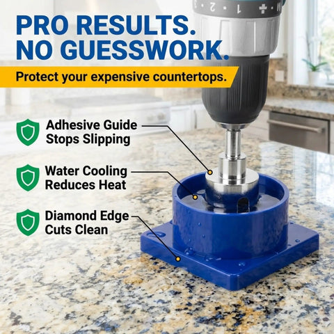 One And One Quarter Inch Diamond Hole Saw Kit With Water Guide in use on granite countertop with drill and blue guide.