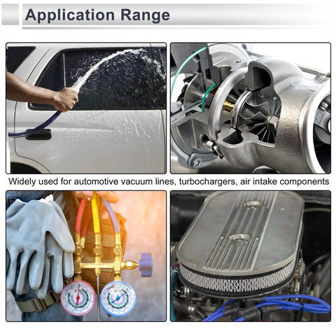 Collage showing silicone vacuum hose used for washing car, turbocharger, pressure gauges, and air intake in automotive settings