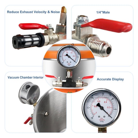 Collage of BACOENG 5-Gallon tempered glass lid vacuum chamber with stainless steel body; gauge, red lever valve, and 1/4" port