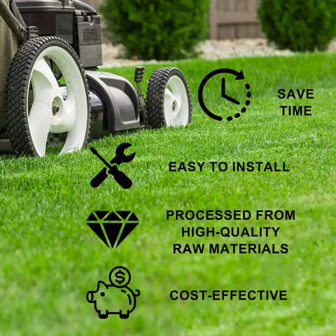 Lawnmower on grass with benefits listed: save time, easy to install, made from high-quality materials, cost-effective.