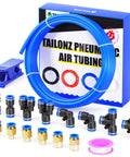 Pneumatic Air Hose Kit 10mm OD 6.5mm ID Polyurethane PU Tube 32.8 Ft And 10 M, blue hose shown with connectors and fittings