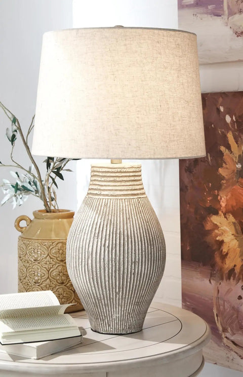 Dope Modern Table Lamp with Textured Paper Composite Base and Modified Drum Shade, 16 Inch, Beige Decor, on side table