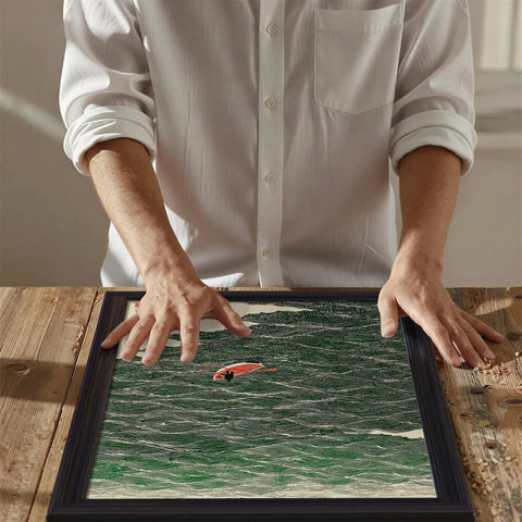 Japanese Style Ocean Rowing Wall Art For Bedroom And Living Room, Retro Green Wave Canvas Print being examined on table
