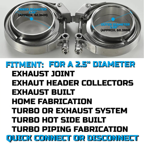 2.5 Inch Quick Release V Band Clamp And Flange Pair For Exhaust Turbo Downpipe with detailed diameter measurements.