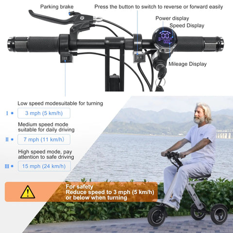 Three Wheel Foldable Electric Trike With Seat For Adults, Lightweight City Cruisin Scooter, Removable 36V 7.8Ah Battery, Reverse Function And Key Switch, Airport Friendly Travel Companion handlebar display with speed modes