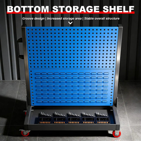 Heavy Duty 2 Tier Mobile Steel Workshop Shelving Unit With Wheels And Handle For Tools And Hardware Storage in garage or shop