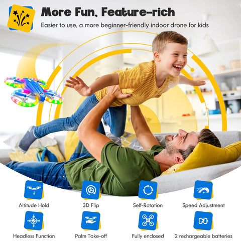 Father and son playing with Kids Drone With Cool LED Lights And Easy Fly Controls One Click Takeoff And Landing Headless Mode