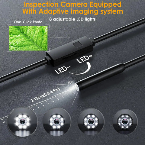 Ultra Clear Endoscope Camera With Light For Home And Auto Inspections, 1920x1440 HD Borescope With IP67 Waterproof Seal, SemiRigid Snake Camera, 16.4Ft Cable, 8 LED Lights, Works With iPhone And Android, For Pipes And Engine Bays. Adjustable LED control and 70° lens