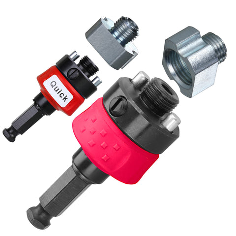 Fast Change Hole Saw Mandrel With 7/16 Inch Shank Quick Connect Arbor for 9/16 to 10 Inch Hole Saws, components shown