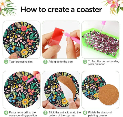 DIY steps for 8 Pack Diamond Art Coasters Kit With Flower Designs, Cork Pads, Coaster Holder, Diamond Dots shown in image.