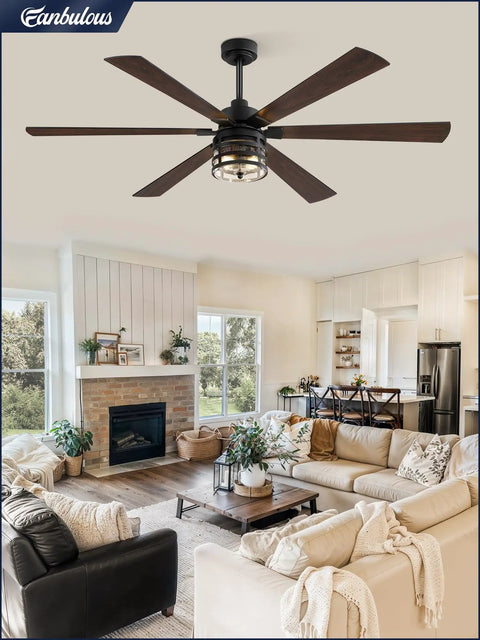 65 Inch Farmhouse Ceiling Fan With Lights And Remote Beast Mode Air Movement Industrial Vibe Six Speed Reversible DC Motor and Six Dual Finish Blades Black Finish for Living Room Bedroom Patio in a cozy living room setting.