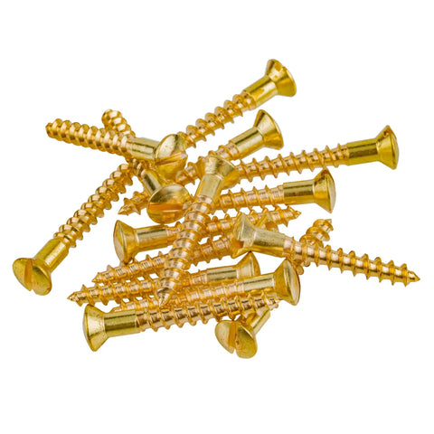 Top Tier Solid Brass Wood Screws Size 5 By Five Eighth Inches Featuring Oval Countersunk Head And Standard Slotted Drive Self Tapping Fasteners Pack Of Twenty Five arranged randomly.