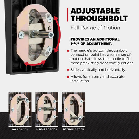 Adjustable throughbolt for front door entry handleset, non locking satin nickel finish, showing full range of motion adjustments.