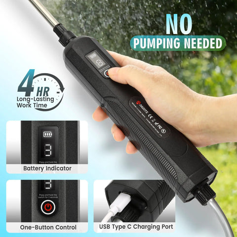 2 Gallon Electric Sprayer With Battery Powered System and USB Rechargeable Handle in use, showing control features