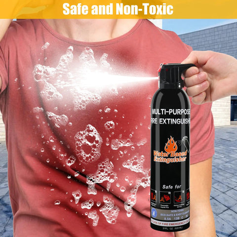 Legit Heavy Duty Two Pack Water Based Fire Extinguisher Set With Mount For House Car Kitchen Garage Rv Boat A B C K Rated No Bs Safety Essentials in use, spraying water-based extinguisher.