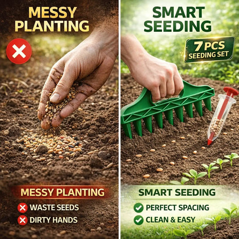 Comparison of messy planting with hands and smart seeding using Ultra Handy 12 Hole Digger Seed Spreader Kit with 7 Piece Seed Dispenser Set