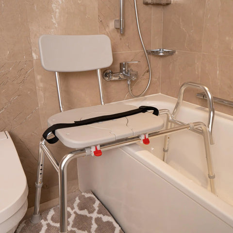 Pro-Slide Shower Chair And Tub Transfer Bench With Cutout, Adjustable Height, Heavy-Duty Up To 400 Lbs, in a bathroom setting