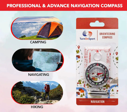 Packaging of hiking and backpacking compass for quick navigation, featuring 360 degree bezel and liquid filled needle.