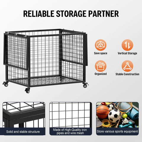 Smooth Rolling Ball Cart With Secure Lock And Hella Spacious Compartment For Garage Sports Gear Yoga Balls Basketball Storage Bin in black metal design.