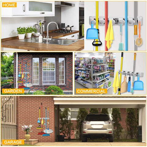 Wall Mounted Mop Broom Holder Organizer Rack With 5 Slots And 6 Hooks For Kitchen Garage Laundry Garden Tools Go To Space
