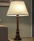 Spyglass Table Lamp With Bronze Finish, Dual Pull Chains, White Linen Shade, Retro Modern Luxe Vibe, Classic Mid Century Style