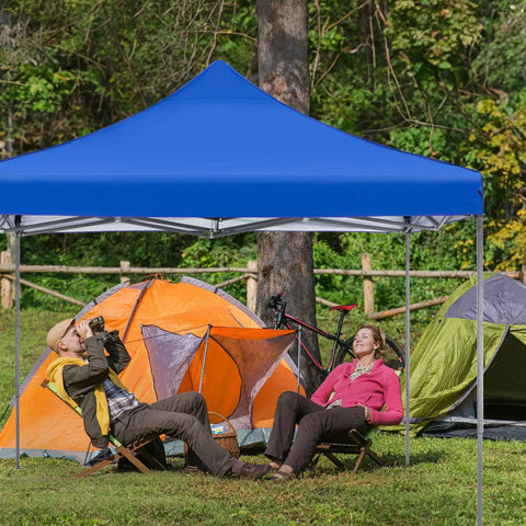 10x10 Foot Pop Up Canopy Tent No Fuss Setup Heavy Duty Sun Shade Shelter With Sand Bags Portable Instant Canopy in a camping scene