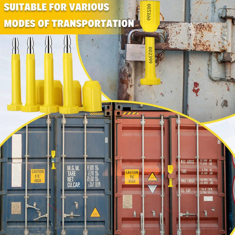 Heavy Duty Bolt Seals Yellow Bulk 100 Pack Built Tough Cargo Container Shipping Tamper Evident Locks securing cargo doors.