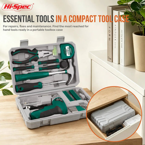 4V Cordless Electric Screwdriver Kit With USB Rechargeable Battery in open case, showing 42-piece DIY home repair set, green.