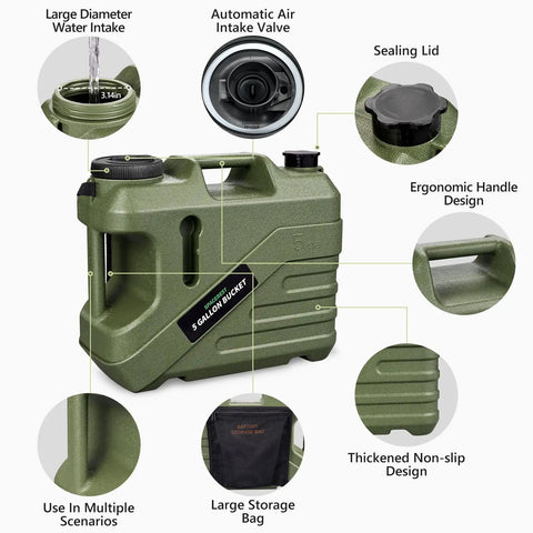 Portable Camping Shower With Built-In Water Jug And Pump, Spill-Resistant Electric Outdoor Shower showing 5-Gallon Food-Grade Water Tank features.