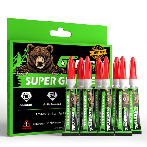 Heavy Duty Super Glue Gel That Nails Every Connection On Plastic Shoes Ceramic And Wood With Zero Dripping Formula And Lightning Quick Curing Times Making Crystal Clear Water Resistant Seals You Can Trust Every Single Time With A Leak Proof 8 Pack, packaging and tubes displayed.