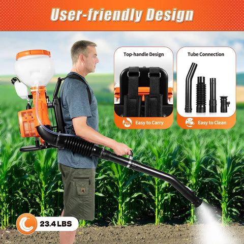 Man using Gas Powered Backpack Sprayer Fogger With 3.7 Gallon Tank, 41.5cc 2 Stroke Engine in a field with wide spray reach.