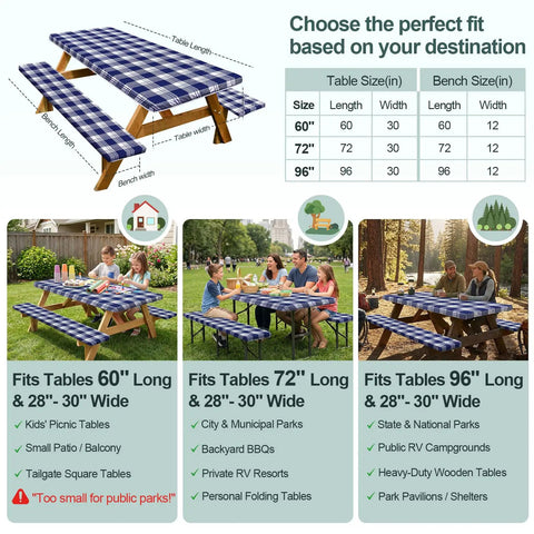 Blue checkered picnic table and bench cover set for 6-foot rectangular tables, shown on various table sizes outdoors