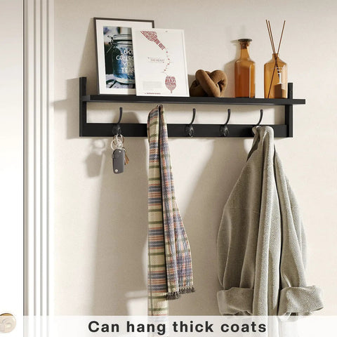 Heavy Duty Wall Mounted Shelf With Five Dual Hooks Straight Up Game Changer Entryway Coat Rack For Small Apartments Bathrooms And Bedrooms In Matte Black with scarves and coats.