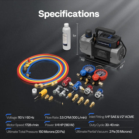 A2L HVAC Vacuum Pump And Manifold Gauge Kit With Sparkless Motor One Quarter HP Three Point Five CFM Single Stage Evacuation For DIY Pros R32 R1234yf R454B R134a R22 R410a Mini Split And Car Systems With Five Foot Hoses, including pump, manifold, and hoses.