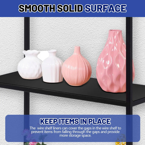 Premium Pre Cut Wire Shelf Liners Heavy Duty Non Slip Plastic Matting For Kitchen Pantry Locker Storage 8 Pack 11.8 X 16.6 Inches on shelf holding decorative vases.