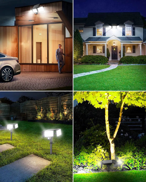 Workhorse Solar Flood Lights With 3000 Lumens Super Bright Motion Sensor and Handy Remote illuminating outdoor areas at night.