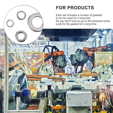 600 Piece Stainless Steel Spring Washer And Spacer Kit Silver Finish Prevents Loosening In Vibration And Alternating Load Applications Heavy Duty Lock Washer Set For Industrial Use Durable And Affordable, shown with industrial machinery in background.