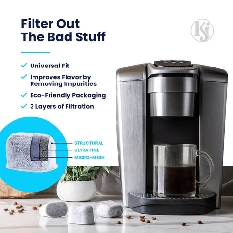 12 Pack Universal Replacement Filters For Coffee Machines Using K Cups next to modern coffee maker with glass cup