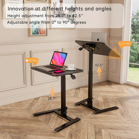 Mobile Folding Desk With Pneumatic Sit Stand No Tools Needed Setup Hassle Free 25 Inch Portable Laptop Desk Height Adjustable 29-42 Inches Rolling Desk With Hidden Wheels Tilt Top 0-90 Degrees for Office